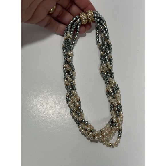 White & Silver-Blue Faux Pearl Six Strand Necklace Chocker Vintage Etch 2 Prym - Picture 8 of 11
